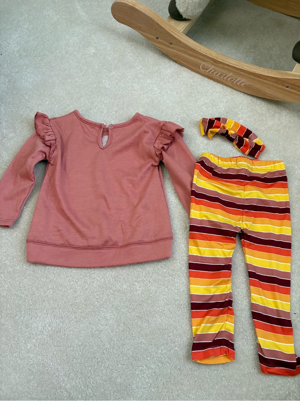 Girls Pink Turkey Top with Fall Stripe Leggings and headband Set - Picture 2 of 4